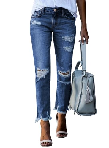 Sidefeel Women's Jeans Ripped Straight Leg Boyfriend Denim Pants Size 8 Blue