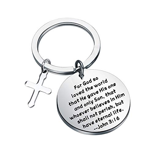bobauna John 3:16 Christian Keychain God So Loved The World That He Gave His One and Only Son Jesus Cross Jewelry Gift (John3:16 eternal life keychain)