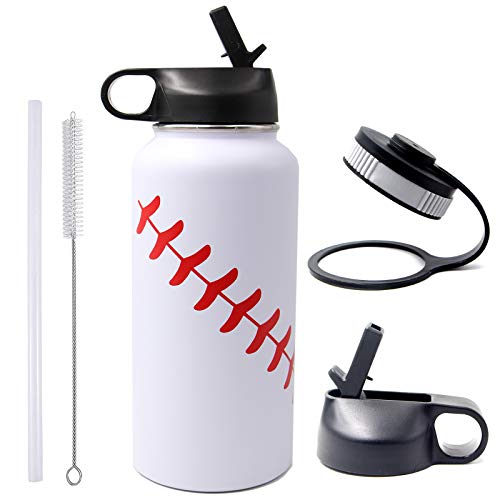 32 oz Baseball Water Bottle, Wide Mouth Sports Flask Metal Travel Tumbler with 2 Lids 18/8 Stainless Steel Double Wall Vacuum Insulated (32oz, White baseball)