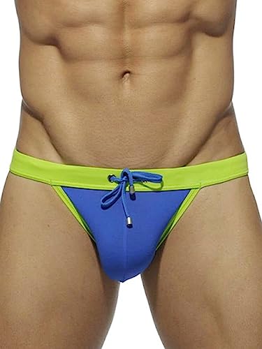 MIZOK Men's Sexy Color Block Swim Briefs Hot Body Bikini Swimwear with Adjustable Drawstring Blue S