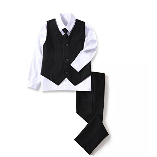 YuanLu 4 Piece Boys' Formal Suit Set with Black Vest Pants White Dress Shirt and Tie Size 4T