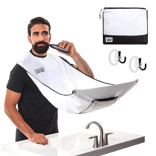 Beard King Beard Bib Apron - Shaving Set for Dad - As Seen on Shark Tank - Men's Hair Catcher for Shaving - Grooming Accessories - Packing Pouchl, White
