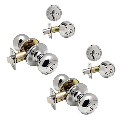 2 - Bedford Polished Chrome Entry Knob with Matching Single Cylinder Deadbolt Combo Packs Keyed Alike (We Key Lock Orders Alike for Free)