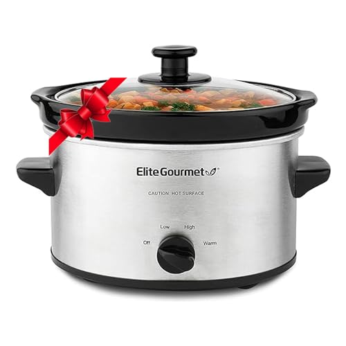 Elite Gourmet MST-275XS# Electric Oval Slow Cooker, Adjustable Temp, Entrees, Sauces, Stews & Dips, Dishwasher Safe Glass Lid & Crock (2 Quart, Stainless Steel)