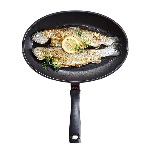 ALVA Energy Non Stick Fish Pan 13.4' Skillet, Oval Shaped Non Stick Frying Pan with Pour Spouts, Cast Aluminium Nonstick Fry Pan for Stove Top, Induction Compatible Cookware