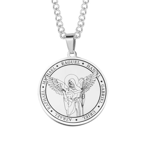 Archangel St Raguel Necklace for Men Women Stainless Steel Saint Raguel Pendant Necklace Religion Islam Angel Amulet Necklace Birthday Jewelry Gift