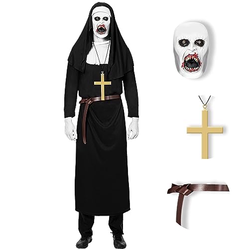 HPMNS 4Pcs Set Nun Costume with Scary Mask for Unisex Adult Nun Costume for Women Men Plus Size The Halloween Dress Up Party Role Play Outfit (Size:Standard)