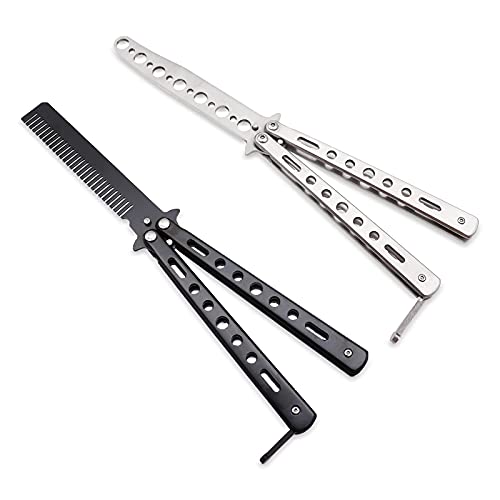WAYDA Butterfly Knife, Trainer Martial Arts Practice Tool Steel Metal Folding Knife Comb Unsharpened Blade, Training Knife for Practicing Flipping Tricks, Set of 2