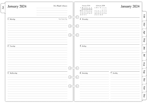2024 Weekly & Monthly Planner Refill for A5 Ring Binder, 5-1/2' x 8-1/4', from January 2024 to December 2024, 6-Hole Punched