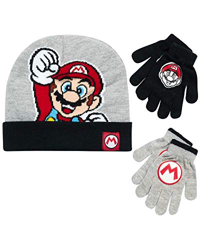 Nintendo Super Mario Bros. Winter Hat 2 Pair Gloves (Toddler/Little Boys), Size Age 4-7, Super Mario Gloves Set Grey