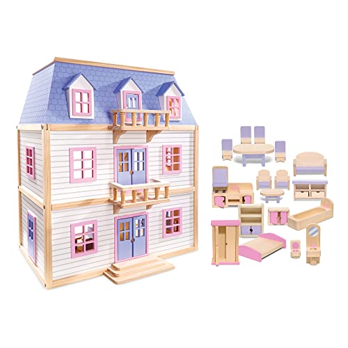 Melissa & Doug Wooden Multi-Level Dollhouse SIOC - Wooden Multi-Story Pretend Play Dollhouse For Kids