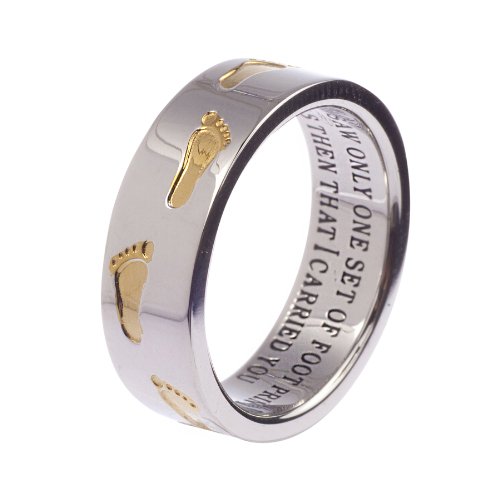 Beads & Pearls Jewelry High Polished Stainless Steel Two-Tone Footprints in The Sand Religious Ring, Religious Gifts for Women