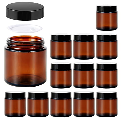 4oz Jars with Lids, Hoa Kinh 12 Pack Amber Glass Jars with Lids Empty Cosmetic Containers Round Airtight Glass Jar with Inner Liners and black Lids for Storing Lotions, Powders, and Ointments