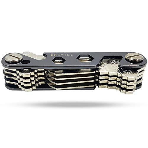 KEYTEC Compact Key Organizer (12-16 Keys) - Premium Key Holder with Built-in Tools - Bottle Opener/Phone Stand - Black Frame Plus Anti Loosening Washer - Great Gift (Black)