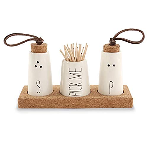 Mud Pie, Off-White Salt, Pepper & Toothpick Holder, Size: tray 2' x 6' | shakers 2 3/4' x 1 1/2' dia