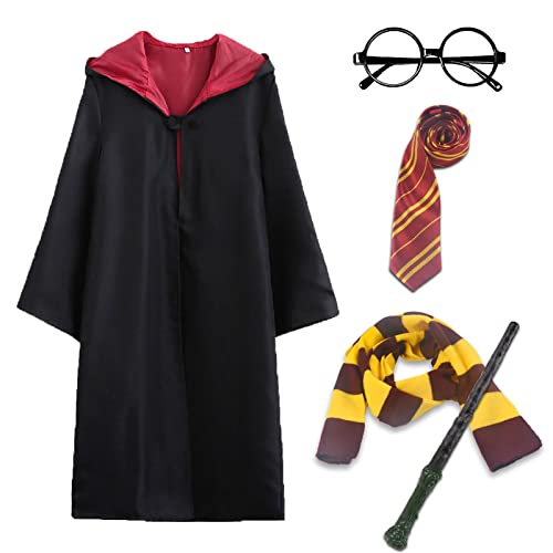 Harry Adult Costumes Potter, Wizard Fancy Dress Cosplay Costume with Robe Tie Scarf Wand Glasses, Magic Robe Wizard Costume Magic School Uniform Halloween Costume for Kids Adult Red XXL