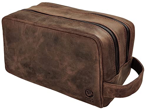 RUSTIC TOWN Full Grain Leather Travel Toiletry Bag - Dopp Kit Organizer (Dark Brown)