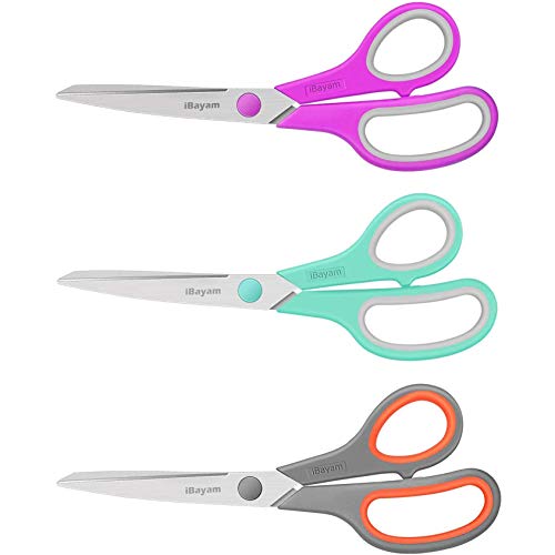 Scissors, iBayam 8' All Purpose Scissors Bulk 3-Pack, Ultra Sharp 2.5mm Thick Blade Shears Comfort-Grip Scissors for Office Desk Accessories Sewing Fabric Home Craft School Supplies, Right/Left Handed