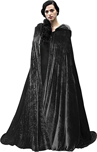 HOMELEX Black Witch Velvet Cloak Halloween Maleficent Hooded Cape Queen King Robe Outfit Renaissance Medieval Costume