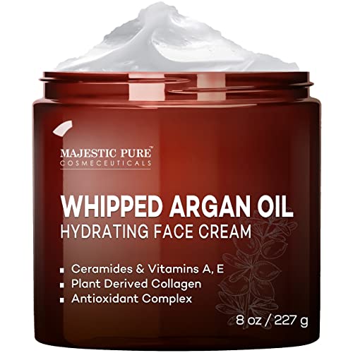 MAJESTIC PURE Whipped Argan Oil Moisturizer Face Cream for Women & Men - With Vitamin E A, Collagen & Ceramides - Hydrates Dry Skin, Oily Skin, Reduces Appearance of Fine Lines – 8oz