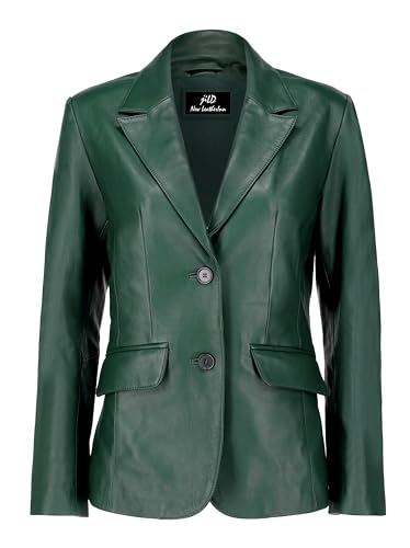 Jild Classic 2-Button Lambskin Leather Blazer Women - Casual Coat Long Sleeves Suit Style Leather Jacket Women (LC-GREEN-L)
