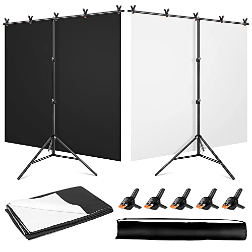 Black White Backdrop Screen with Stand Kit 5x6.5ft for Photo Video Studio, 2-in-1 Revisible Black Backdrop White Screen with T-Shaped Photography Background Support Stand and 5 Backdrop Clamps