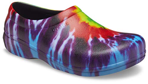 Crocs Men's and Women's On The Clock Clog | Slip Resistant Work Shoes, Tie Dye, 11 Women/9 Men