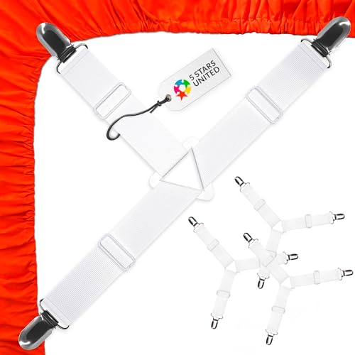 5 STARS UNITED Bed Sheet Straps Set | Easy to Use Adjustable Elastic Fasteners with Metal Clips | Sheet Holders for Corners | Fitted Sheet Clips to Hold Sheets in Place | (4 Pcs White)