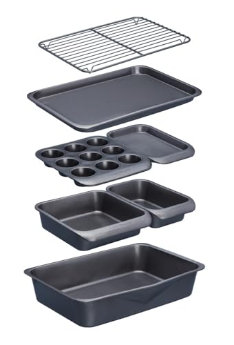 Seven-first KitchenCraft Smart Space Non Stick Carbon Steel Stackable Bakeware Including Roasting Tin, Baking Muffin Tray, 7 Piece Set, 41 x 31 x 10.5 cm, Gray