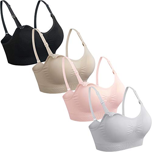 GXXGE 4Pack Nursing Bra for Breastfeeding Maternity Bras Push Up Silk Seamless Pregnancy Bralette Underwear Black Beige Grey Pink X-Large