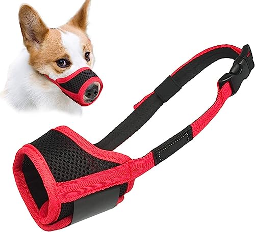 LUCKYPAW Dog Muzzle Anti Biting Barking and Chewing with Comfortable Mesh Soft Fabric and Adjustable Strap, Suitable for Small, Medium and Large Dogs(Red Trim,XS)