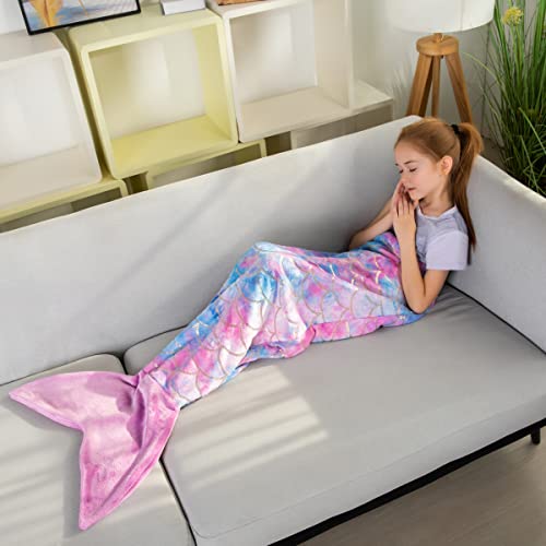 Mermaid Tail Blankets Glittering Wearable Cute Cozy Soft Flannel Rainbow Colorful Mermaid Tail Blanket for Kids 5~12 Year