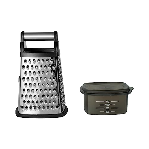 KitchenAid Gourmet 4-Sided Stainless Steel Box Grater for Fine, Medium and Coarse Grate, and Slicing, Detachable 3 Cup Storage Container and Measurment Markings, Dishwasher Safe, 10 inches tall, Black