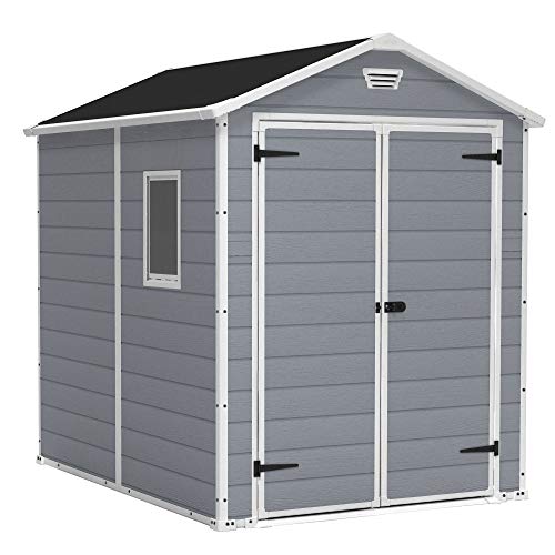 Keter Manor 6 x 8 Foot All Weather Garden Tool Outdoor Storage Shed with Lockable Double Doors, Fixed Window and Wood-Look Plastic Walls, Gray