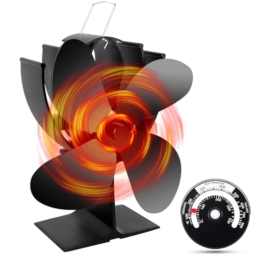 drtulz Wood Stove Fan Heat Powered, Fireplace Fans with Stove Thermometer, 4 Blades Woodburner Fans for Circulating Warm, Non Electric, Eco Friendly