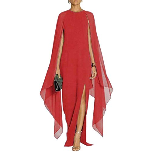 MAYFASEY Women's Elegant High Split Crepe Flared Sleeve Formal Evening Long Maxi Dresses Red L
