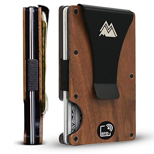 Mountain Voyage Minimalist Wallet for Men - Slim RFID Wallet, Scratch Resistant, Natural Walnut Wood Credit Card Holder & Money Clip, Easily Removable Money & Cards, Mens Wallets