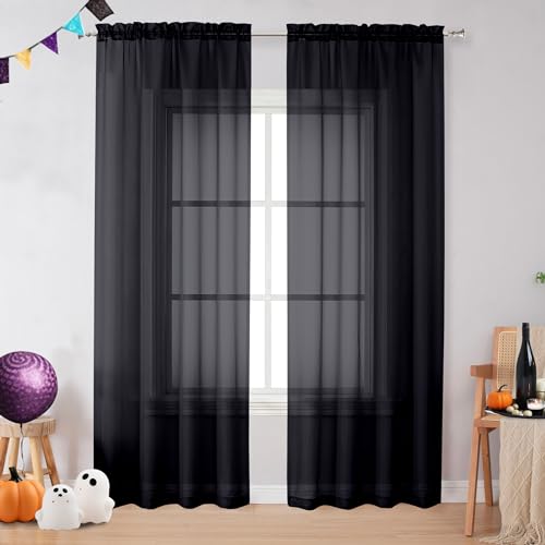 OVZME Black Sheer Curtains 84 Inches Long 2 Panel Sets, Solid Color Lightweight Voile with Light Filter for Sliding Door, Living Room&Bedroom (W42 x L84, 1 Pair)