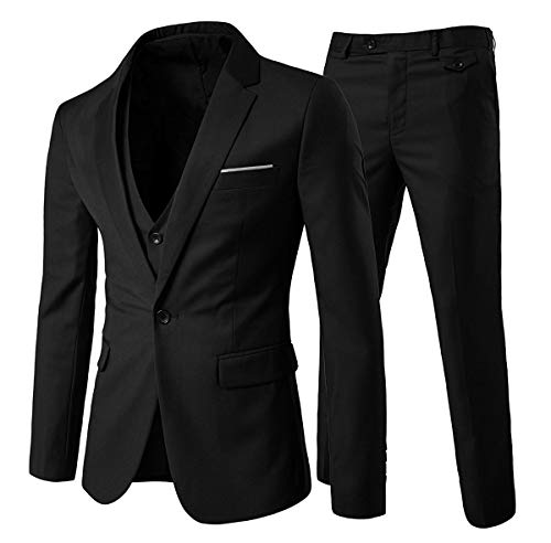Mens 3-Piece Suit Notched Lapel One Button Slim Fit Formal Jacket Vest Pants Set Black Small