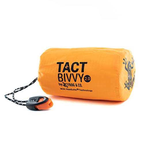 Survival Frog Tact Bivvy 2.0 Emergency Sleeping Bag w/Stuff Sack, Carabiner, Survival Whistle, ParaTinder - Compact, Lightweight, Waterproof, Reusable, Thermal Bivy Sack Cover, Shelter Kit (Orange)