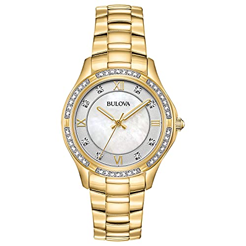 Bulova Ladies' Crystal Gold Tone Stainless Steel 3-Hand Quartz Watch, White Mother-of-Pearl Dial Style: 98L256