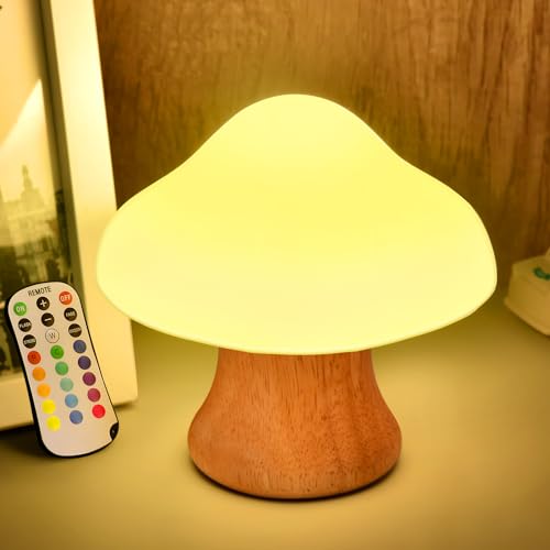 ANGTUO Wooden Mushroom Lamp 16 Color Changing and Dimmable Mushroom Night Light for Kids Small Adorable Lamp with Two Remotes Light up Your Room