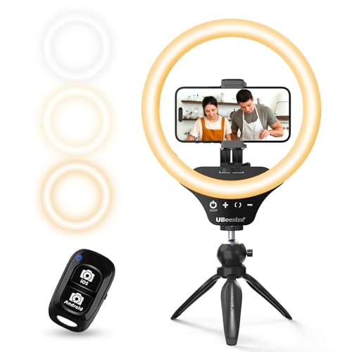 UBeesize 10' Selfie Ring Light with Tripod Stand & Cell Phone Holder, Dimmable Desktop LED Circle Light for Live Streaming/Makeup/YouTube/TIK Tok, Compatible with iOS and Android Phones Black