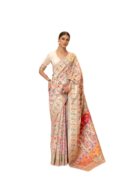 SWORNOF Women's S Kanjivaram Banarasi Silk Saree Kanchipuram Patola White-1 One Size