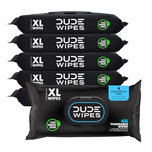 DUDE Wipes - Flushable Wipes - 6 Pack, 288 Wipes - Unscented Extra-Large Adult Wet Wipes - Vitamin-E & Aloe for at-Home Use - Septic and Sewer Safe