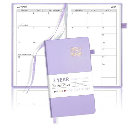 SUNEE 2024-2026 Monthly Pocket Planner - 3 Year Monthly Pocket Calendar for Purse 3.5' x 6'- 36 Month (Jan 2024 - Dec 2026) Agenda, Hardcover, Notes, Pocket, 100 GSM Paper, Monthly Sticker, Purple