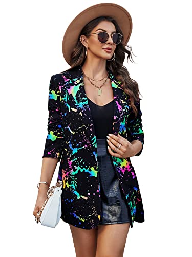 Floerns Women's Casual Long Sleeve Pop Art Colorful Blazer Graphic Work Suit Jacket Black Multi M