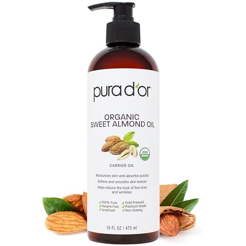 PURA D'OR 16 Oz ORGANIC Sweet Almond Oil - 100% Pure & Natural USDA Certified Cold Pressed Carrier Oil For DIY Beauty - Non-Greasy, Unscented, Hexane Free Moisturizer & Massage Oil - For Hair & Skin