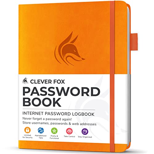 Clever Fox Password Book with tabs. Internet Address and Password Organizer Logbook with alphabetical tabs. Small Pocket Size Password Keeper Journal Notebook for Computer & Website Logins (Orange)