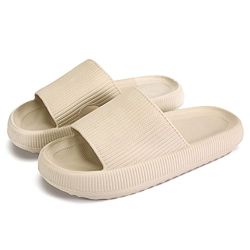 rosyclo Pillow Slides for Womens and Mens, Cloud Foam Summer Pool Beach Spa Anti-slip Zapatillas Ultra Comfy Thick Sole Home House Recovery Cloud Cushioning Slides Sandles,Size 10 10.5 Tan Beige